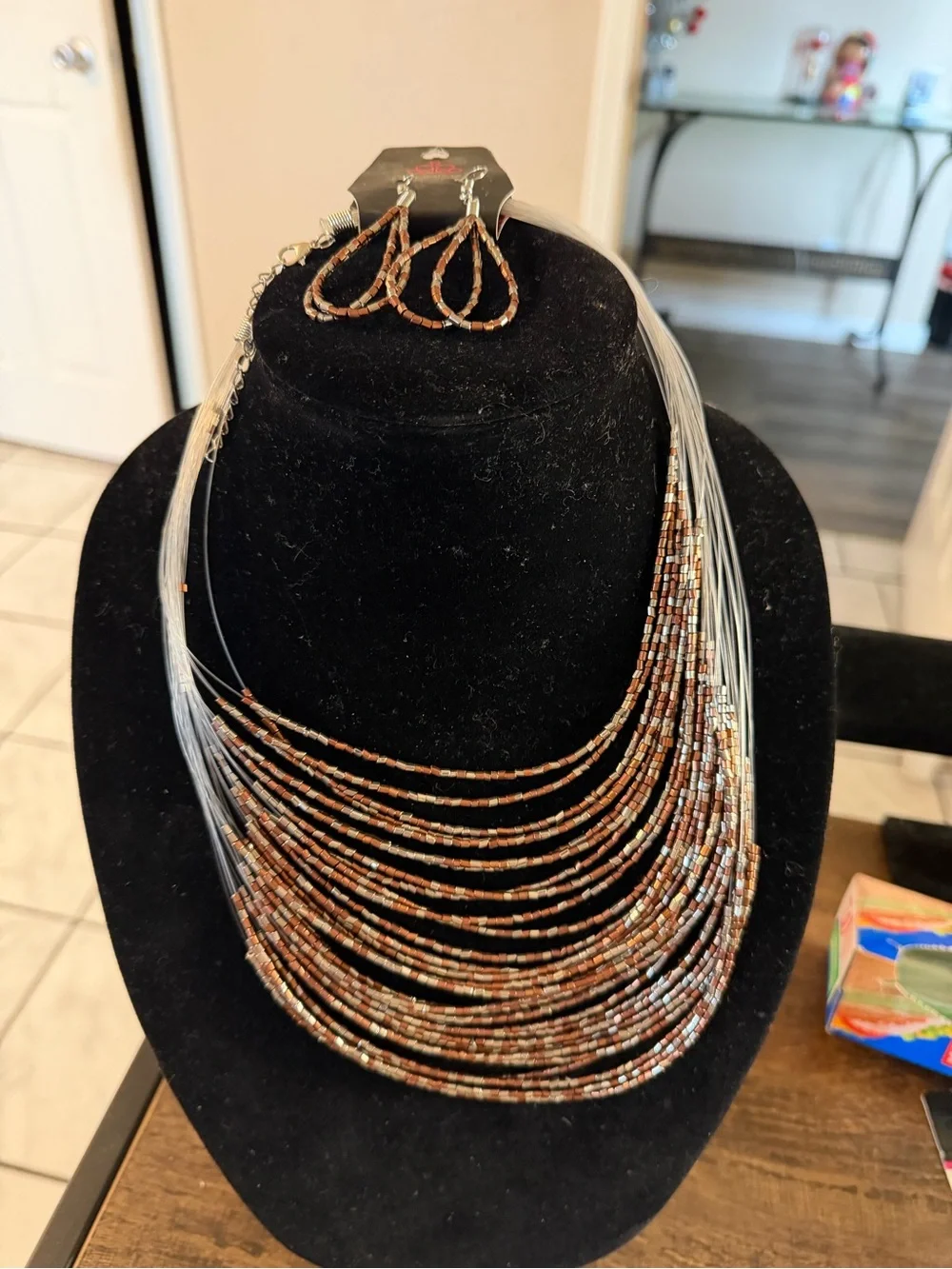 paparazzi Multi-Strand Copper and Silver Beaded Necklace with Matching Earrings